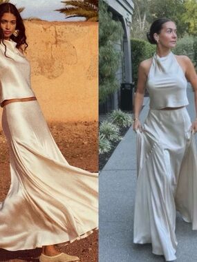 100% SILK REFORMATION SET Two-Piece Halter Dress in Champagne